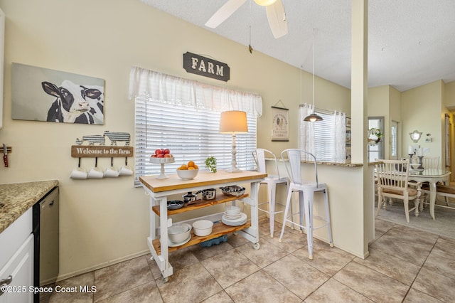 1924 Elderberry Ct NE, Palm Bay, FL 32905 - kitchen featuring ceiling fan, stone countertops, a textured ceiling, and baseboards