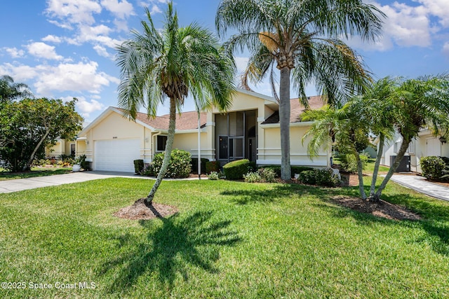 1444 Patriot Dr, Melbourne, FL 32940 - ranch-style house featuring stucco siding, an attached garage, concrete driveway, and a front yard