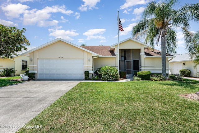 1444 Patriot Dr, Melbourne, FL 32940 - single story home featuring a garage, stucco siding, a front yard, and concrete driveway