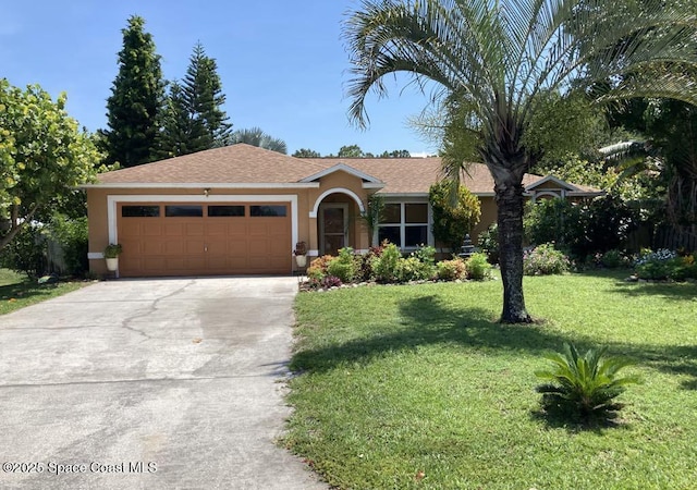 965 19th St SW, Vero Beach, FL 32962 - ranch-style home featuring an attached garage, driveway, a front yard, and stucco siding