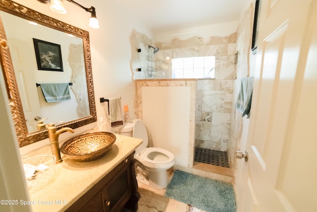 full bathroom featuring a walk in shower, toilet, and vanity