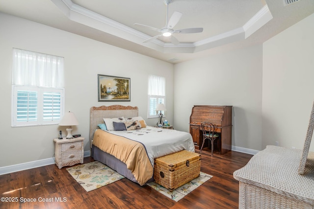 508 Lorelei Ave, Melbourne, FL 32901 - bedroom featuring a tray ceiling, ornamental molding, wood finished floors, baseboards, and ceiling fan