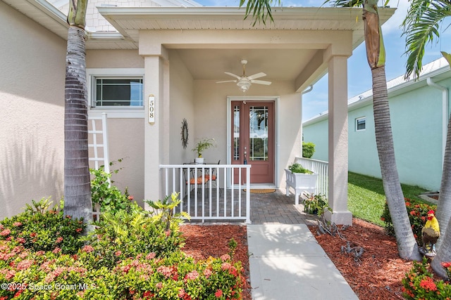 508 Lorelei Ave, Melbourne, FL 32901 - view of exterior entry featuring covered porch, stucco siding, and ceiling fan