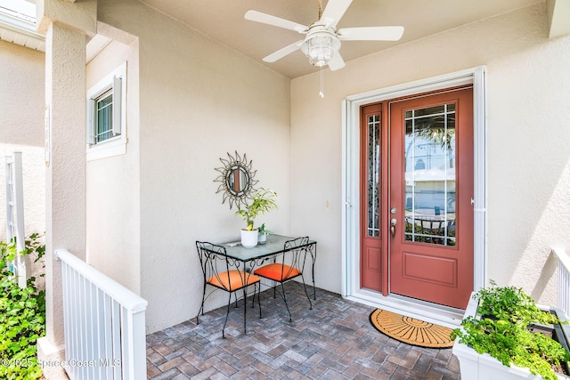 508 Lorelei Ave, Melbourne, FL 32901 - view of exterior entry featuring stucco siding and ceiling fan