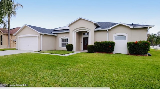 1932 Laramie Cir, Melbourne, FL 32940 - single story home with roof mounted solar panels, an attached garage, a front lawn, and stucco siding