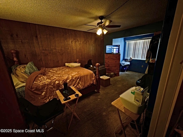 3454 Pheasant Ct, Melbourne, FL 32935 - carpeted bedroom featuring wooden walls, a textured ceiling, and a ceiling fan