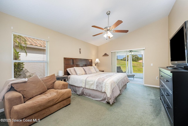 8002 Bradwick Way, Melbourne, FL 32940 - bedroom featuring access to outside, vaulted ceiling, carpet flooring, baseboards, and a ceiling fan