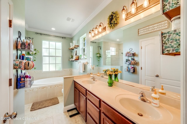 1409 Corbett Ln, Melbourne, FL 32904 - bathroom featuring tile patterned floors, double vanity, a bath, ornamental molding, and recessed lighting
