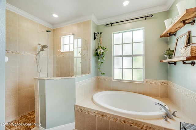 1409 Corbett Ln, Melbourne, FL 32904 - bathroom featuring a garden tub, crown molding, walk in shower, and recessed lighting