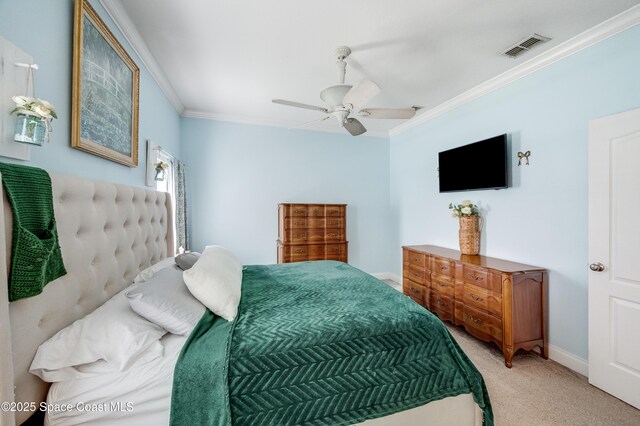 1409 Corbett Ln, Melbourne, FL 32904 - bedroom with crown molding, light colored carpet, ceiling fan, and baseboards