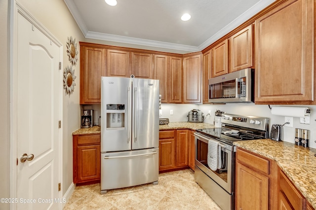 1409 Corbett Ln, Melbourne, FL 32904 - kitchen with appliances with stainless steel finishes, ornamental molding, brown cabinetry, light stone countertops, and recessed lighting