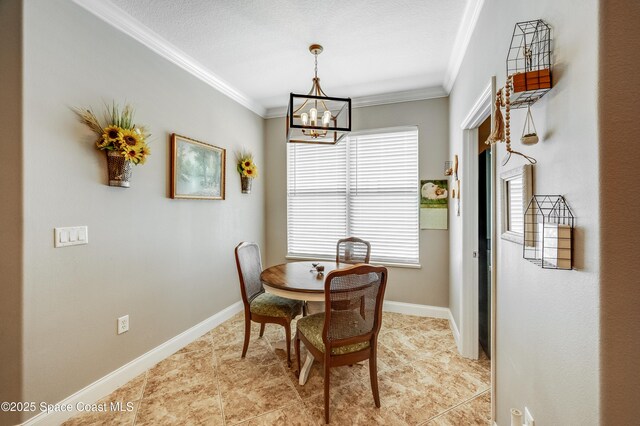 1409 Corbett Ln, Melbourne, FL 32904 - dining space with a chandelier, ornamental molding, baseboards, and light tile patterned flooring