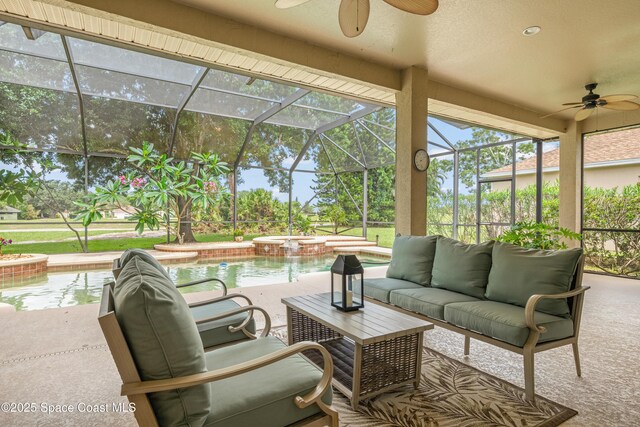 448 Birchington Ln, Melbourne, FL 32940 - view of patio / terrace featuring ceiling fan, glass enclosure, a pool with connected hot tub, and an outdoor living space