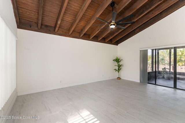 3444 Partridge Ct, Melbourne, FL 32935 - unfurnished room featuring wood ceiling with exposed beams, high vaulted ceiling, a ceiling fan, and baseboards