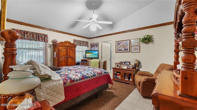 8516 99th Ct, Vero Beach, FL 32967 - bedroom with vaulted ceiling, light tile patterned floors, a ceiling fan, and ornamental molding