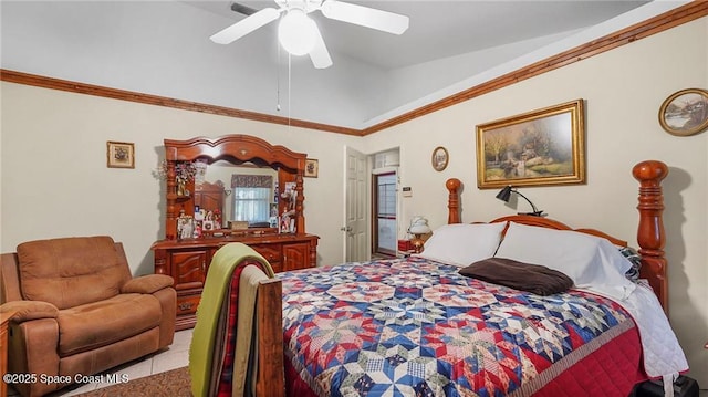 8516 99th Ct, Vero Beach, FL 32967 - bedroom with vaulted ceiling, a ceiling fan, and ornamental molding