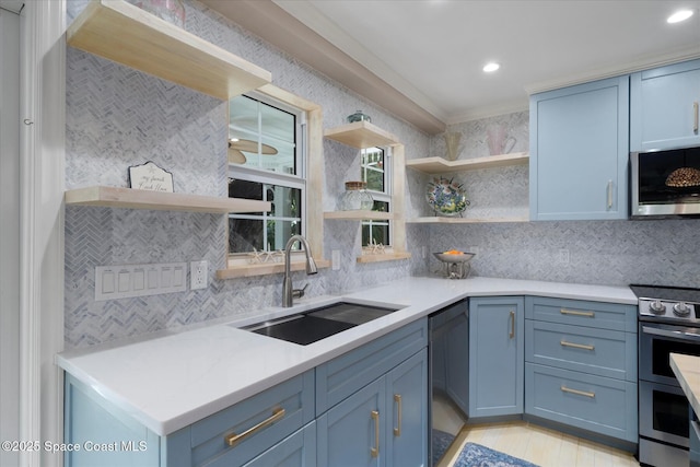 1951 W Sandpiper Rd, Vero Beach, FL 32963 - kitchen with open shelves, a sink, stainless steel appliances, tasteful backsplash, and recessed lighting