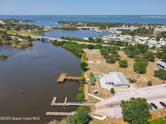 aerial view of a large body of water and a notable bridge