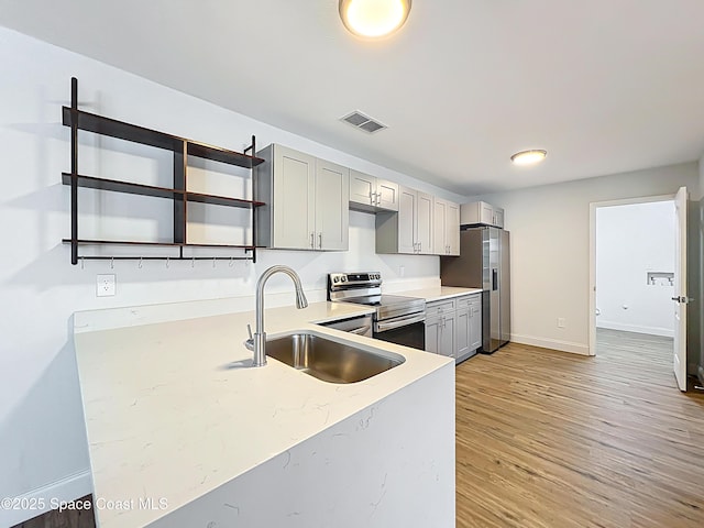 kitchen featuring appliances with stainless steel finishes, gray cabinets, a sink, light wood-style flooring, and baseboards