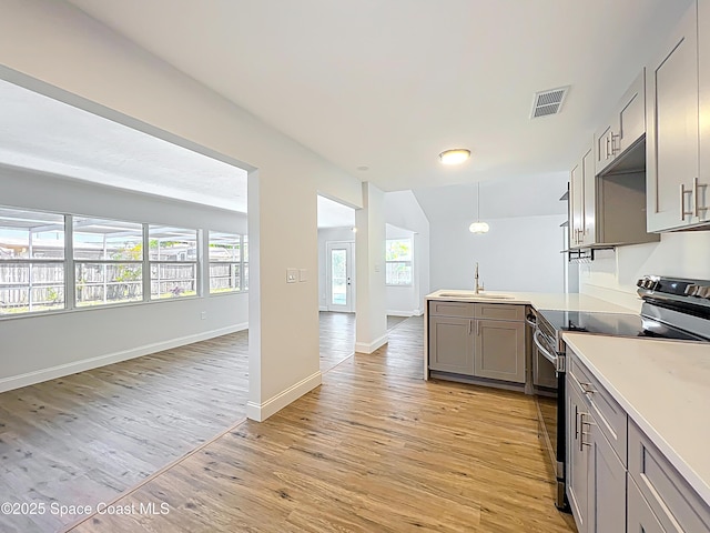 kitchen with stainless steel electric stove, gray cabinets, light wood-style flooring, a peninsula, and a sink