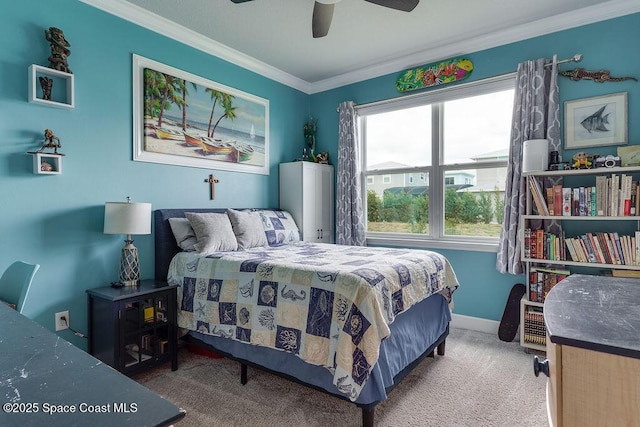 5250 Riveredge Dr, Titusville, FL 32780 - carpeted bedroom with crown molding, ceiling fan, and baseboards