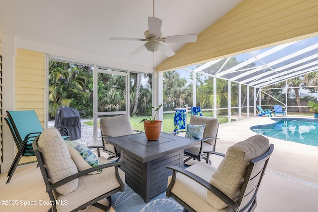 2007 Oak St, Melbourne Beach, FL 32951 - view of patio featuring a ceiling fan, an outdoor pool, and glass enclosure