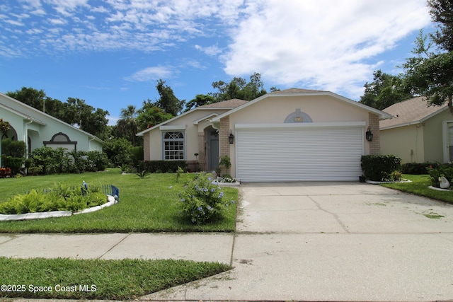1112 Pine Creek Cir NE, Palm Bay, FL 32905 - ranch-style house with brick siding, a front lawn, a garage, and concrete driveway