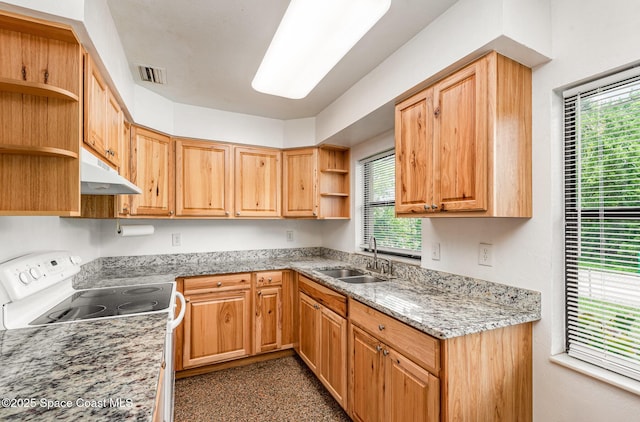 6519 June Dr, Cocoa, FL 32926 - kitchen featuring open shelves, a sink, under cabinet range hood, white range with electric cooktop, and plenty of natural light