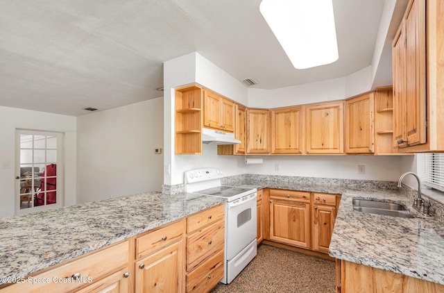 6519 June Dr, Cocoa, FL 32926 - kitchen featuring open shelves, white electric range, a sink, and under cabinet range hood