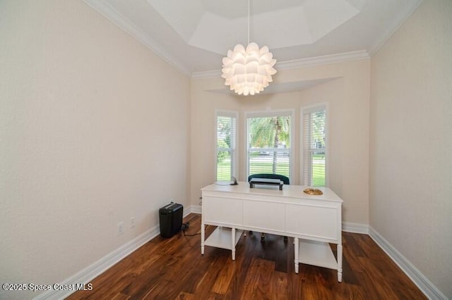 4178 Ventana Blvd, Rockledge, FL 32955 - home office with dark wood-style floors, a chandelier, crown molding, baseboards, and a tray ceiling