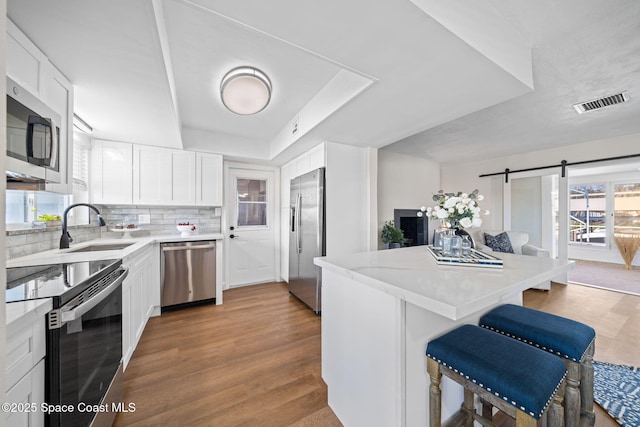 kitchen featuring appliances with stainless steel finishes, a sink, a tray ceiling, tasteful backsplash, and a breakfast bar area