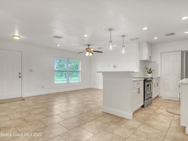 kitchen with stainless steel electric stove, light countertops, recessed lighting, a ceiling fan, and white cabinetry