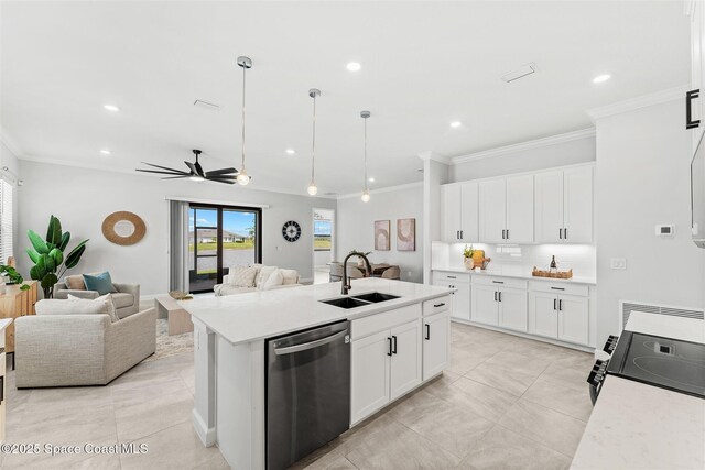 8854 Alister Dr, Melbourne, FL 32940 - kitchen featuring dishwasher, a sink, open floor plan, ornamental molding, and light countertops