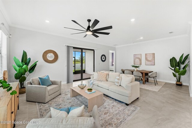8854 Alister Dr, Melbourne, FL 32940 - living room featuring a ceiling fan, crown molding, baseboards, and recessed lighting