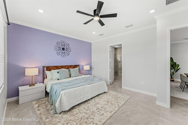 8854 Alister Dr, Melbourne, FL 32940 - bedroom with ornamental molding, recessed lighting, baseboards, ensuite bathroom, and a ceiling fan