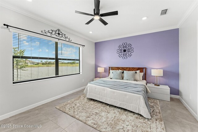 8854 Alister Dr, Melbourne, FL 32940 - bedroom featuring crown molding, baseboards, light tile patterned floors, recessed lighting, and a ceiling fan