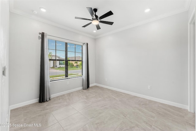 8854 Alister Dr, Melbourne, FL 32940 - unfurnished room featuring ceiling fan, recessed lighting, crown molding, baseboards, and a smoke detector