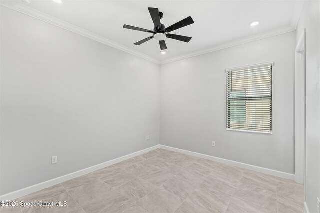 8854 Alister Dr, Melbourne, FL 32940 - empty room featuring ornamental molding, a ceiling fan, baseboards, and recessed lighting