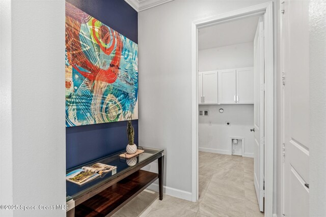 8854 Alister Dr, Melbourne, FL 32940 - corridor featuring ornamental molding, light tile patterned floors, and baseboards
