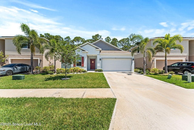 916 Corbin Cir SW, Palm Bay, FL 32908 - view of front of house featuring driveway, a front lawn, stucco siding, and a garage