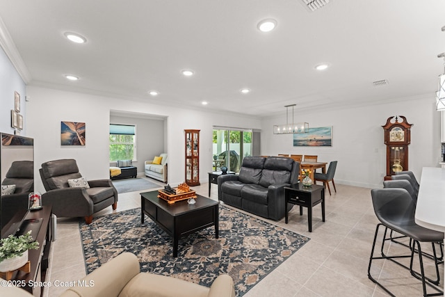 916 Corbin Cir SW, Palm Bay, FL 32908 - living area with ornamental molding, plenty of natural light, recessed lighting, light tile patterned flooring, and baseboards