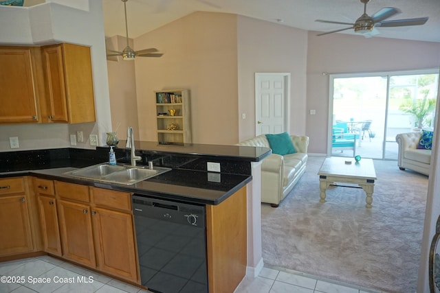 kitchen with dishwasher, open floor plan, a ceiling fan, a sink, and high vaulted ceiling