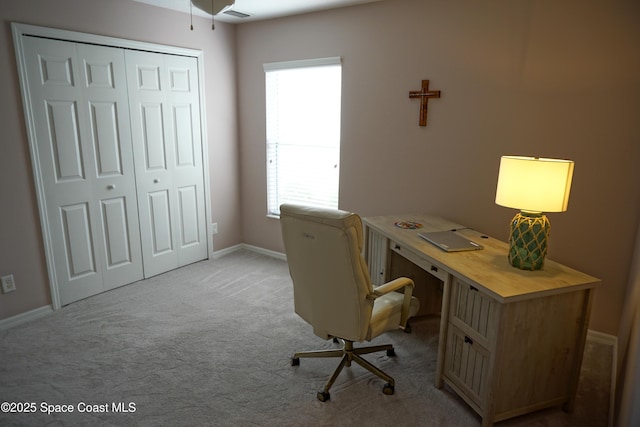 office with carpet, baseboards, and a ceiling fan