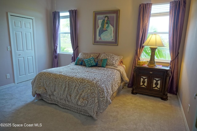 bedroom featuring carpet floors, multiple windows, and a closet