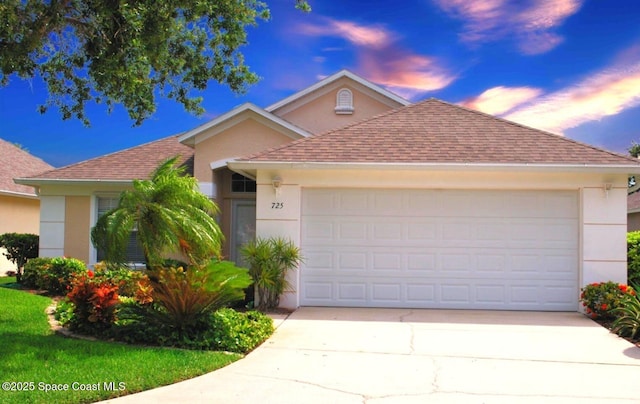 single story home featuring a shingled roof, stucco siding, concrete driveway, and an attached garage