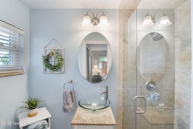1029 Palmer Rd, Rockledge, FL 32955 - full bath featuring a stall shower, vanity, and a chandelier