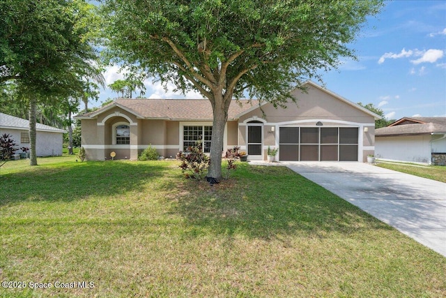 1160 Waco Blvd SE, Palm Bay, FL 32909 - ranch-style house with driveway, stucco siding, a front yard, and a garage