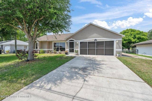 1160 Waco Blvd SE, Palm Bay, FL 32909 - ranch-style home featuring driveway, a front lawn, stucco siding, and a garage