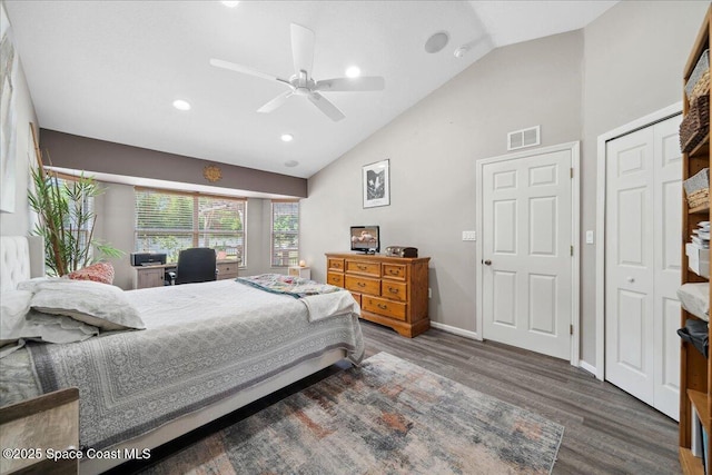 1160 Waco Blvd SE, Palm Bay, FL 32909 - bedroom featuring wood finished floors, baseboards, a desk, recessed lighting, and high vaulted ceiling