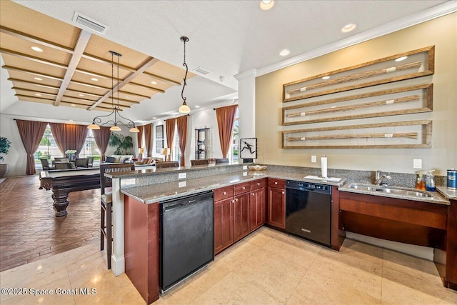 121 Lancha Cir Unit 206, Indian Harbour Beach, FL 32937 - kitchen featuring black dishwasher, a sink, light stone countertops, a peninsula, and recessed lighting